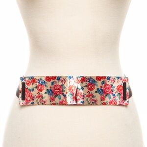 Floral Print Gold Metal Plate Iconic Elastic Stretch Waist Statement Belt
